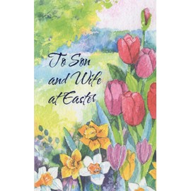 Springtime Flower Field Tulips Flowers Daffodils Watercolor Tri-Fold Happy Easter Greeting Card for Son and Wife - To Son and Wife at Easter - Thinking og You at Easter and Wanted You to Know, You Are