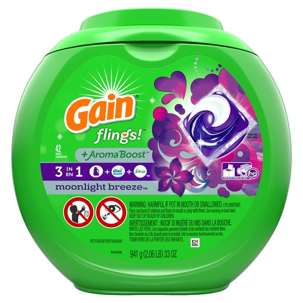 Gain flings! Liquid Laundry Detergent Pacs, Moonlight Breeze, 42 count