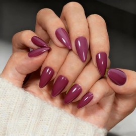 SXVME Uñas Postizas De Gel Suaves Reutilizables Color Frambuesa Almendra - Uñas Acrílicas De Presión Estilo Estilete Medio, Color Ciruela Opaco Sólido