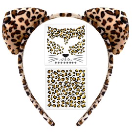Cheetah Leopard Ears Headband & Face Stickers Tattoos Set- Leopard Print Cat Ears Headband for Cheetah Costume Women Adult Kids, Halloween Cosplay Party Accessories