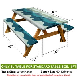 Play Tailor Picnic Table Cover with Bench Covers Camping Essentials Waterproof Windproof Camping Tablecloth with Drawstring Bag, Fitted Rectangle Tables and Seats, 60in, Green Blue