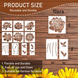 Keluna Large Flower Stencils, 10 Pcs Reusable Flower Stencils for Painting on Wood, Sunflower Peony Flower Stencils for Painting on Wood Garden Fence Wall Decor, Flower Templates for Painting