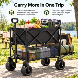 2-Tier Folding Utility Wagon for Outdoor Transport - 220 lb Capacity with Adjustable Handle