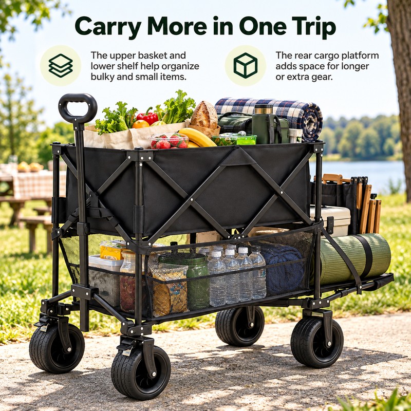 2-Tier Folding Utility Wagon for Outdoor Transport - 220 lb