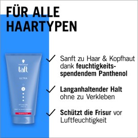 Schwarzkopf TAFT Gel Ultra Styling (150 ml), Hair Gel for Strengthened Hair with Ultra Strong Hold, Gentle on Hair and Scalp, Vegan, Hair Styling Gel