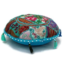 DK Homewares Ethnic Cotton Seat Cushion, Round Floor Cushion Cover, Removable, 45 x 45 cm, Bohemian Turquoise Blue Patchwork, Embroidered, Home Decor, Round, Vintage Floor Cushion for Children, 18 x