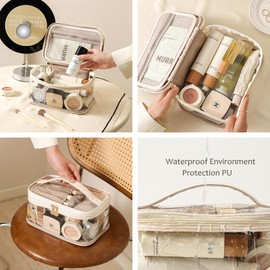 Clear Makeup Bags, Double Layer Clear Cosmetic Bag, Waterproof Toiletry Bag, Clear Zipper Bag with Divider Makeup Brush Compartment, Travel Makeup Bag for Women and Girl (Pink)