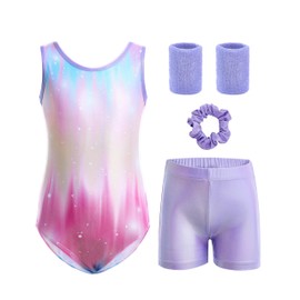 Tstiti 5-Piece Gymnastics Leotards for Girls with Shorts Scrunchie & Wristbands Toddler/Kids Dance Outfit 6-7 Years