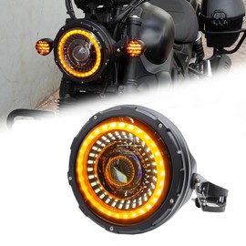 HARPUOU 7inch Flowing White/Amber DRL LED Motorcycle Start-up Headlight with Aluminum Alloy Housing Bucket 32-40mm Lamp Shell Fork Tube Bracket