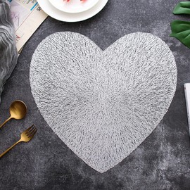 Hosoncovy 4 Pack Heart Placemats Table Mats Set Washable PVC Non-Slip Heat Resistant Table Place Mats Dinner Mats Meal Mat for Kitchen and Dining Room for Wedding (Silver)