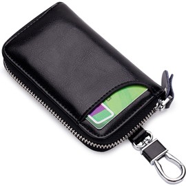 Leather Key Case Car Key Bag with 6 Hooks, Key Fob Protector Key Pouch Portable Card Holder Keychain Wallet Faraday Car Keys (Black)