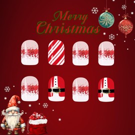 24Pcs Short Press on Nails Christmas Fake Nails Red and White Glitter Press on Nails Christmas Clothing Designs False Nails Stick on Nails Acrylic Nails for Women Girls Xmas Nail Art Decoration