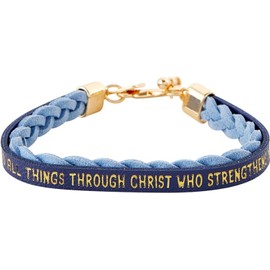 Creative Brands Christian Gifts Bracelets - Gold Plated Heart and Toggle Clasp Braided Faux Leather Bracelet, One Size, Phil 4:13 Blue