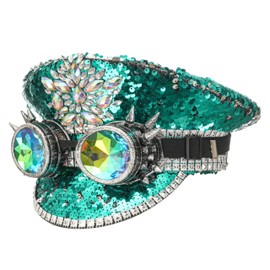bslingerie Women Steampunk Cosplay Sequin Rhinestone Hat Rave Party Festival Captain with Goggles (Green)