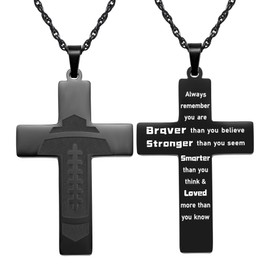 Kvekstio Football Cross Necklace for Boys Men, Inspirational Bible Verse Quote First Communion Baptism Religious Sports Jewelry Gift, Medium, Stainless Steel, No Gemstone