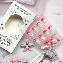 24Pcs French Tip Valentines Day Nails Heart Press on Nails Short Square Fake Nails with Silver Glitter Design White Heart False Nails Full Cover Artificial Glue on Nails Stick on Nails for Women