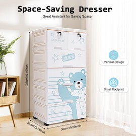 6 Drawer Plastic Drawers Floor Standing Storage Drawers Cabinet with Wheels & Lock Stackable Vertical Chest Dresser Cabinet for Kid Room, Office