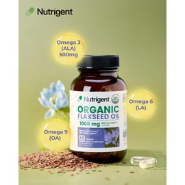 Nutrigent USDA Certified Organic Flaxseed Oil 1000 mg, Cold Pressed 100% Pure with Plant-Based Omega 3 ALA Essential Fatty Acids for Heart & Skin Health, 60 Capsules
