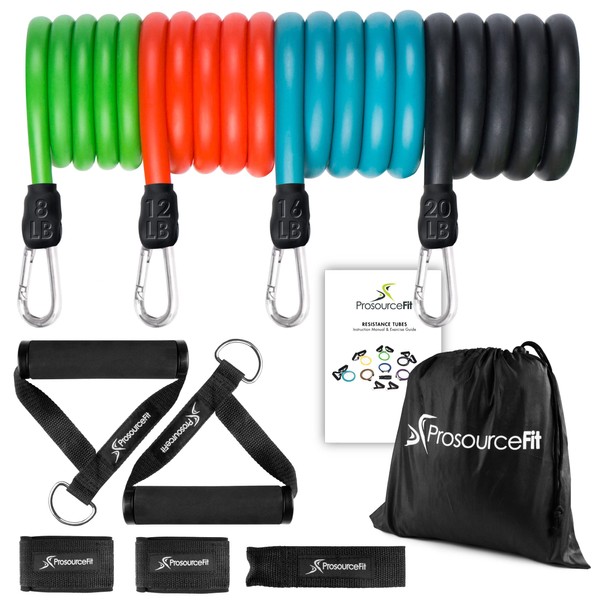 ProsourceFit Premium Heavy Duty Tube Double Dipped Latex Stackable Resistance Bands Set 5-20 LB with Door Anchor and Exercise Chart Full-Body Exercises and Home Workouts