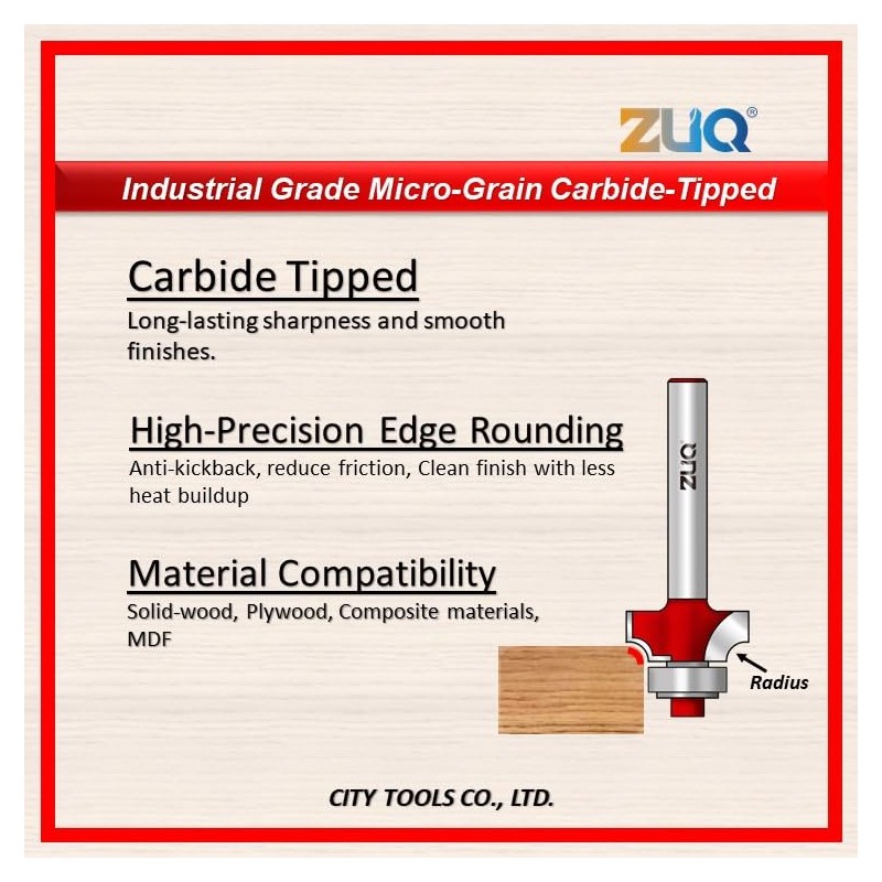 ZUQ 1/4" Radius Round Over Router bit, Precision Carbide Tipped
