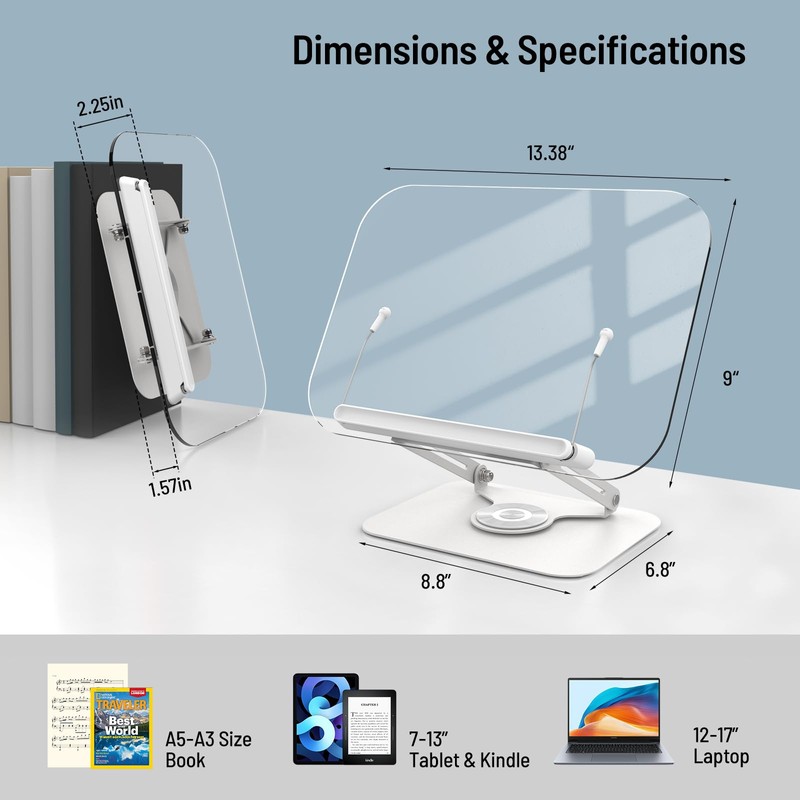 Acrylic Book Stand for Reading Hands Free - Adjustable 360°