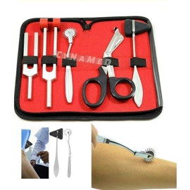 Cynamed Reflex Hammer Tuning Fork Set - Set of 5 pcs Reflex Hammer + Tuning Fork C 128 C 512 + Bandage Scissors 7.25"+ Wartenberg Pinwhee + Reflex Taylor Hammer Stainless Steel