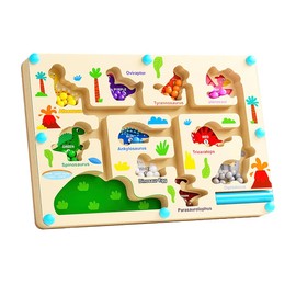 Cawtiuly Magnetic Color and Number Maze, Montessori Fine Motor Skills Toys for Boys Girls 3+, Wooden Color Matching Learning Counting Puzzle Board Games (Colorful Dinosaurs)