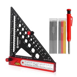 8 in 1 Rafter Square with Carpenter Pencil, 7in Multi-Purpose Carpenter Square Tools: Square,Protractor, Steel Ruler,Marking Gauge,T-Bevel Gauge,Bubble Level