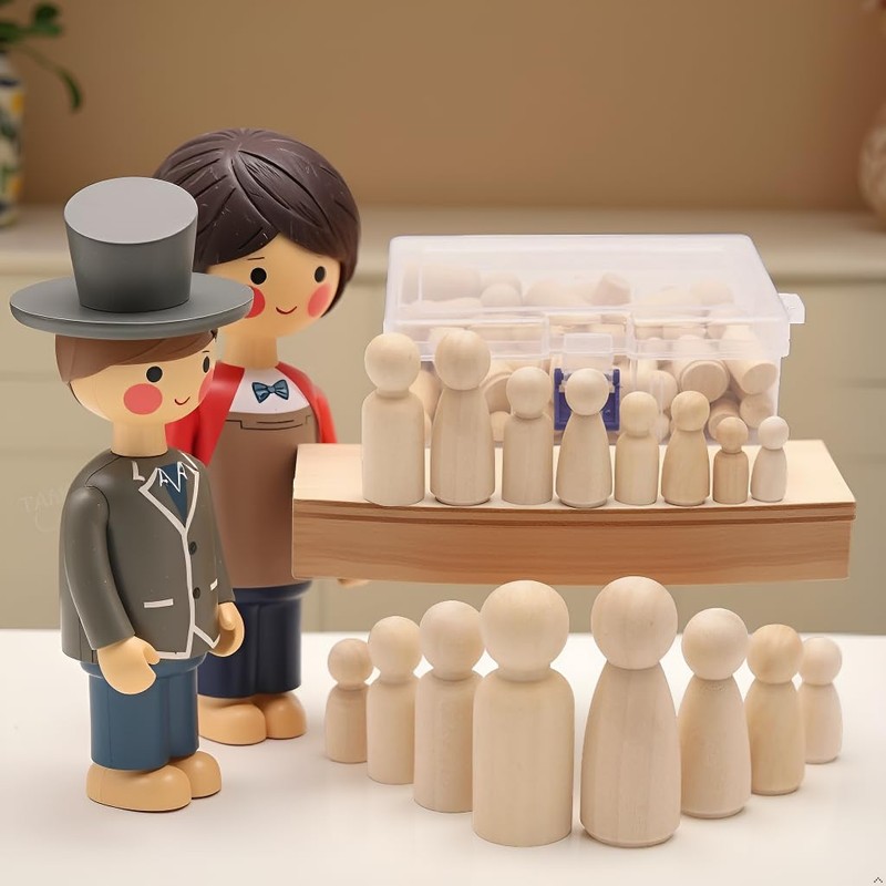 Wooden Peg Doll Bodies Set, 50 Pieces, 4 Sizes (35-65mm),