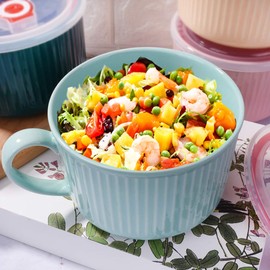 LMRLCS Soup Mug with Lid Noodle Bowl with Handle for Kitchen Microwave Bowl Ceramic Mug 30.4 OZ Cereal Bowls for Pho Chip Fruits Salad and Noodle Blue