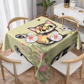 HYTTER Cat and Butterfly Prints Square Decorative Tablecloth 60"x60" : Good Wrinkle Resistance Suitable for Dining Table Coffee Table