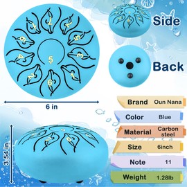 Oun Nana Rain Drum for Outside Garden, 6 Inches 11 Notes Steel Tongue Drum Rain Chimes Musical Sound Healing Instruments with Soft Rubber Mallets, Music Book, Storage Bag, Blue