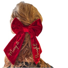 Pink Positive Velvet Christmas Hair Bow with Gold Text Merry and Bright