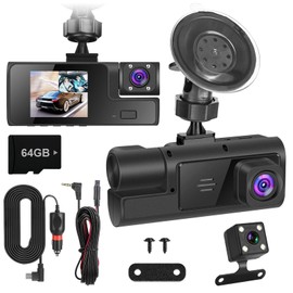 3 Channel WiFi Dash Cam, FHD 1080P Dash Cam Front and Rear Inside, Three Way Dash Camera for Cars, Night Vision, Loop Recording, Wide Angle, 64G Card Include
