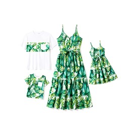 PATPAT Family Matching Outfits Mommy and Me Dresses Green Leaf Print Spaghetti Strap Sleeveless Casual Summer Beach Dress for Women L