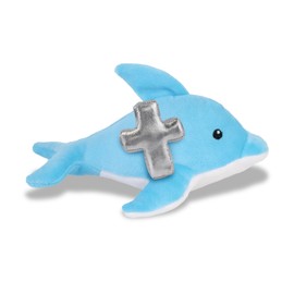 DolliBu Dolphin Stuffed Animal with Silver Cross and Personalization - Dolphin Plush Baptism Gifts for Boys and Girls, Dedication Christening Gifts Plush Prayer Toy Healing Teddy Bear - 6 Inches