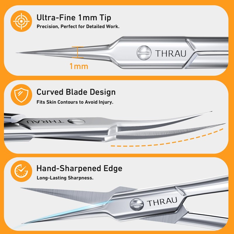 THRAU Cuticle Scissors Extra Fine for Manicure and Pedicure, Curved
