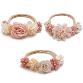 GNALIA Pack of 3 Baby Girls Nylon Headbands Flower Elastic Hair Band Bows Hair Accessories for Newborn Toddlers