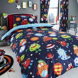 Happy Linen Company Kids Boys Girls Space Monsters Planets Glow In The Dark Blue Reversible Toddler Cot Bed Bedding Duvet Cover Set