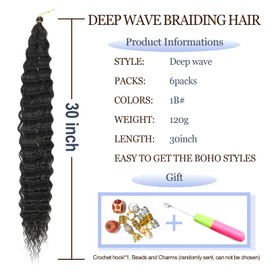 MLETULIPS Ocean Wave Crochet Hair Extensions, Deep Wave Braiding Crochet Hair, Soft Synthetic Curly Braiding, Crochet Hair for Black Women (1B, 76 cm (Pack of 6))