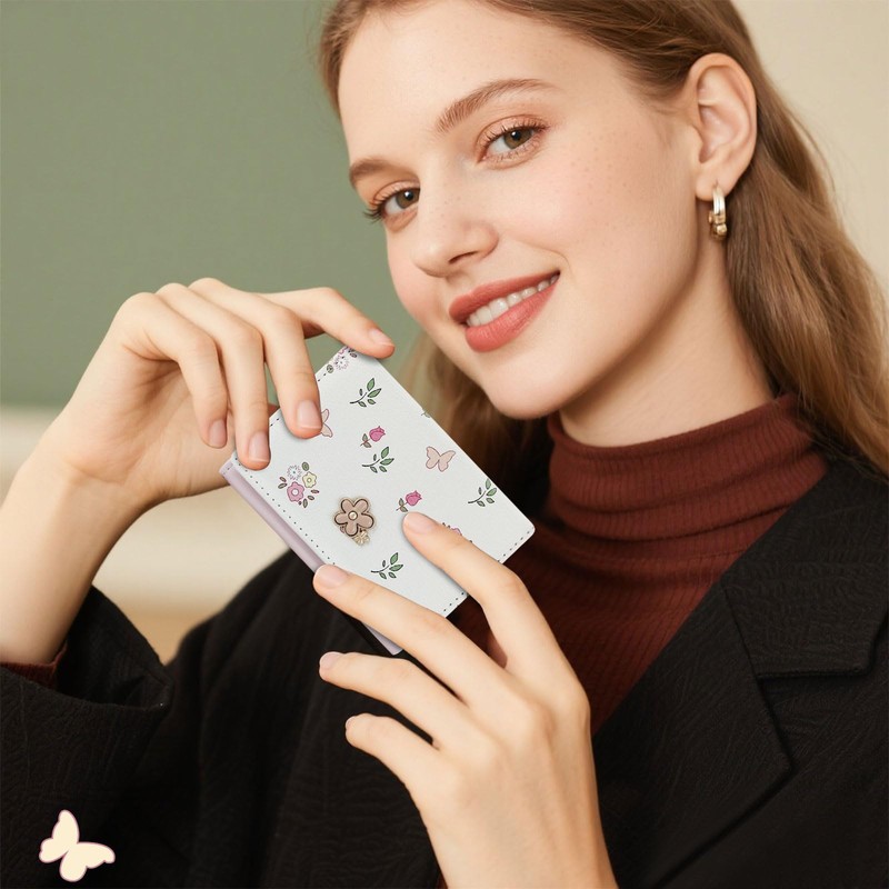 WisePoint Cute Card Holder Wallet, Flower Button & Butterflies Print