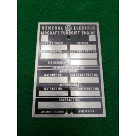 General Electric Aircraft Turbojet Engine Blank Data Plate