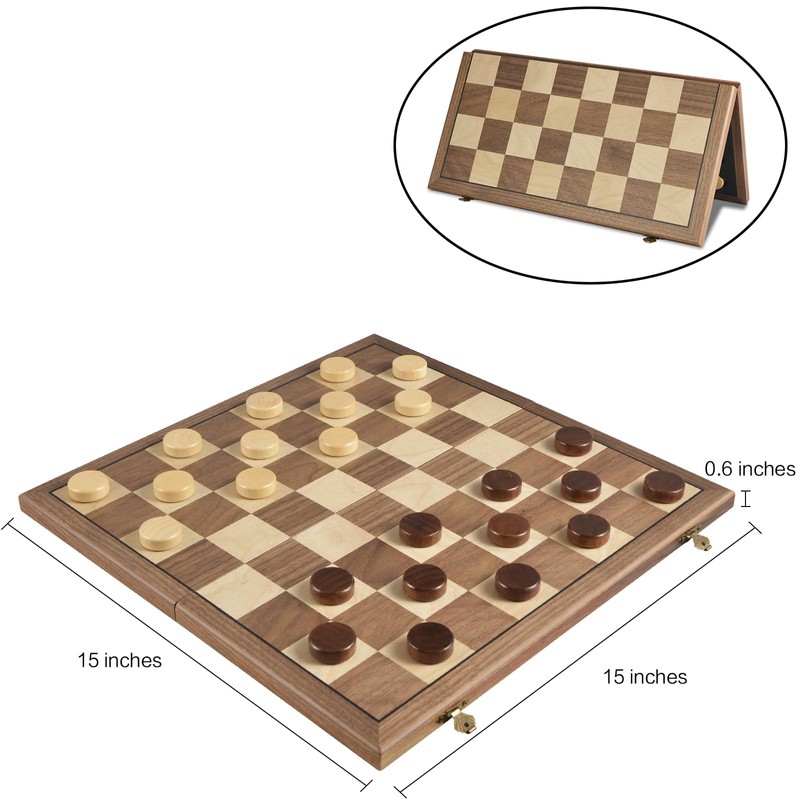 OUMODA Walnut 15" Magnetic Checkers Board Game Set - Folding
