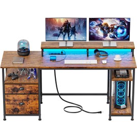 Furologee 61" Computer Desk with Power Outlet and USB Ports, Large Desk with Shelves and Drawer, Writing Study Desk with Fabric File Cabinet and Long Monitor Stand, Gaming Desk for Home Office