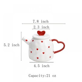 Gaolinci Red Heart Ceramic Teapot, 21 Oz Watter Pot, Flower Teapot