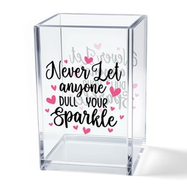 Vgrti Never Let Anyone Dull Your Sparkle Acrylic Makeup Brush Organizer Holder, Girl Power Desk Acrylic Brushes Storage, Inspirational Quote Gifts for Women Friend Sister Make Up Artist Makeup Lover