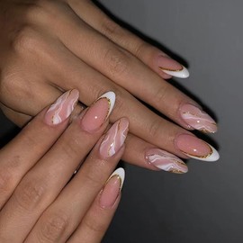 White French Tip Press on Nails Short Almond Fake Nails Nude Nails Press ons Glossy Glue on Nails Daily Wear Simple False Nails with Glitter Beach Designs Artificial Stick on Nails for Women 24Pcs