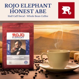 Rojo Elephant Honest Abe Handcrafted Half Caff Whole Bean Coffee, Single-Origin 100% Arabica Beans, Swiss Water, Mountain Water Process, Premium Roast, Smooth, Rich Flavor, 11 0z Pack