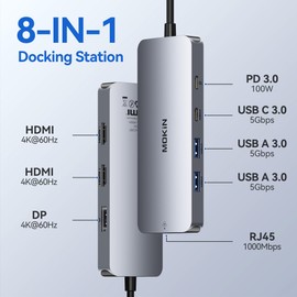 USB C Docking Station Dual HDMI, 8 in 1 Docking Station for 3 Monitors, USB HUB Triple 4K Display with 2 HDMI and 1 Displayport, 1 Gbps Ethernet, 100W PD Charging, 3 USB 3.0 Ports for Dell, HP, Lenovo