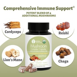 Herbal Treasure 4 in 1 Mushroom Complex Mushroom Supplement, Adaptogens Supplement with Lion's Mane, Reishi, Chaga and Cordyceps Mushroom Blend, Organic Mushroom Supplement Mushroom Extract 90 Caps
